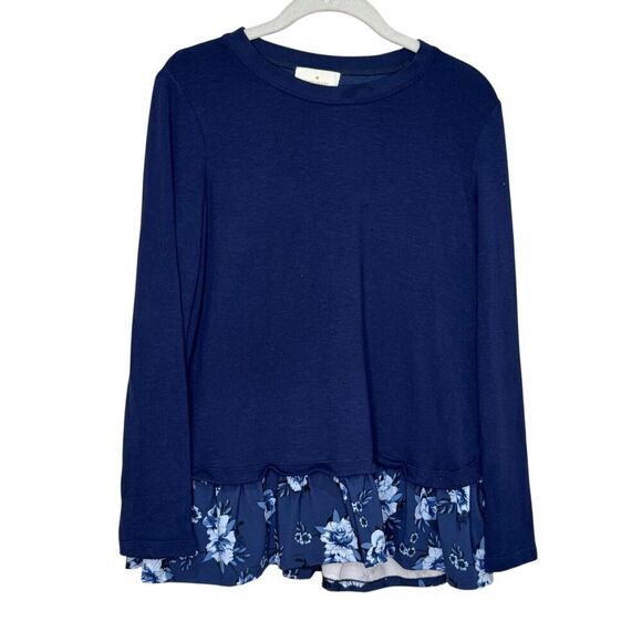 Kate Spade Top Size Medium Navy Blue Prairie Hem Floral Ruffle Long Sleeve - Picture 1 of 8